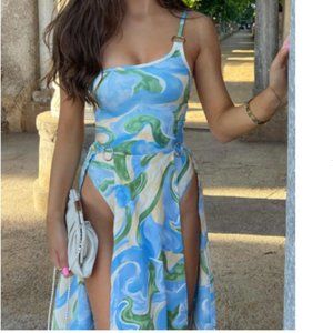 NWT - MULTI ABSTRACT PRINT TRIM ASYMMETRIC SWIMSUIT AND SKIRT